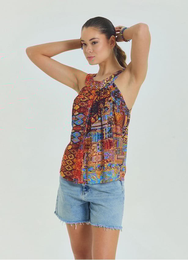 Halter Neck Button Detail Pleated Orange Authentic Blouse 4677